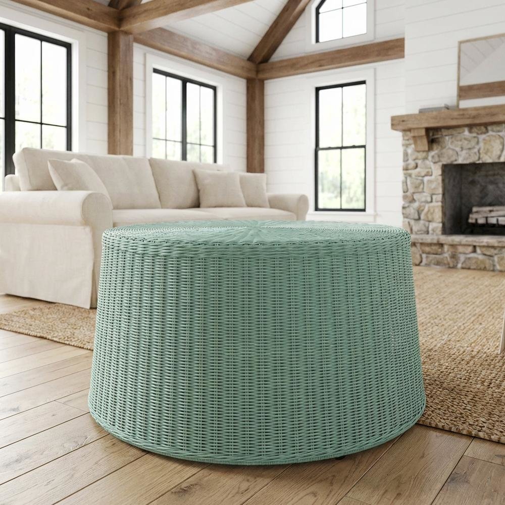Seafoam Rattan Coffee Table with Metal Legs and Bohemian Design