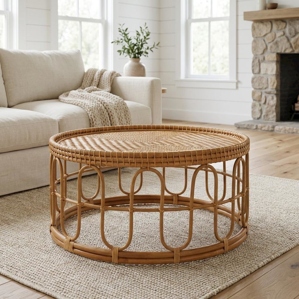 Light Honey Rattan Coffee Table with Real Plywood Top Bohemian Style