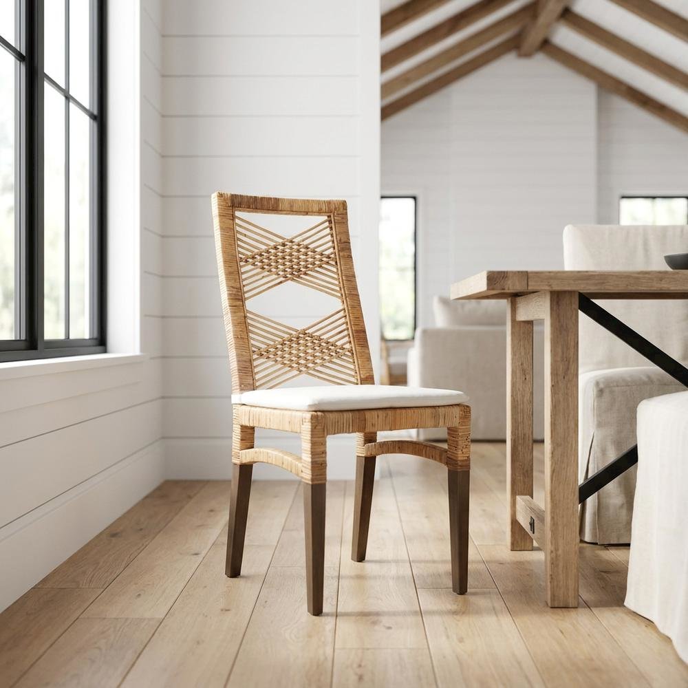 Rattan Dining Chair, White/Natural Brown