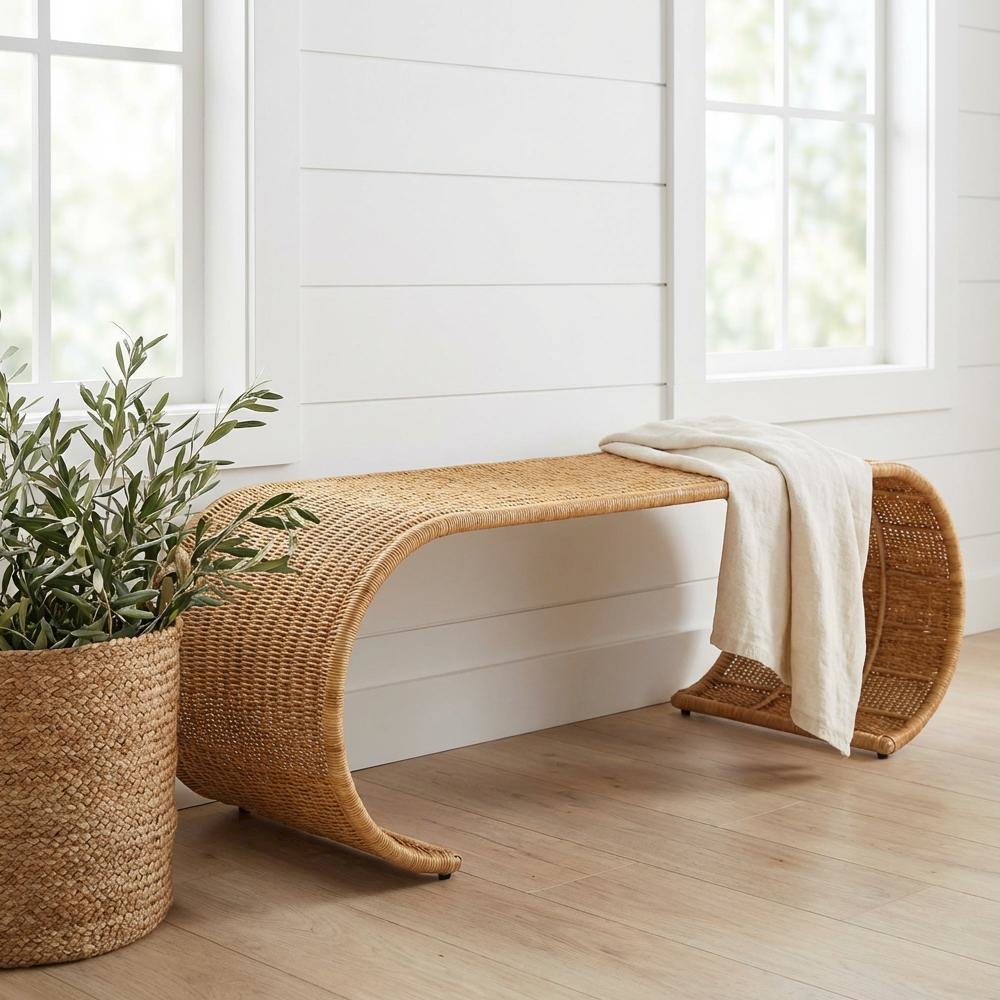 Genuine Rattan Coffee Table with Handwoven Wicker Top and Metal Frame