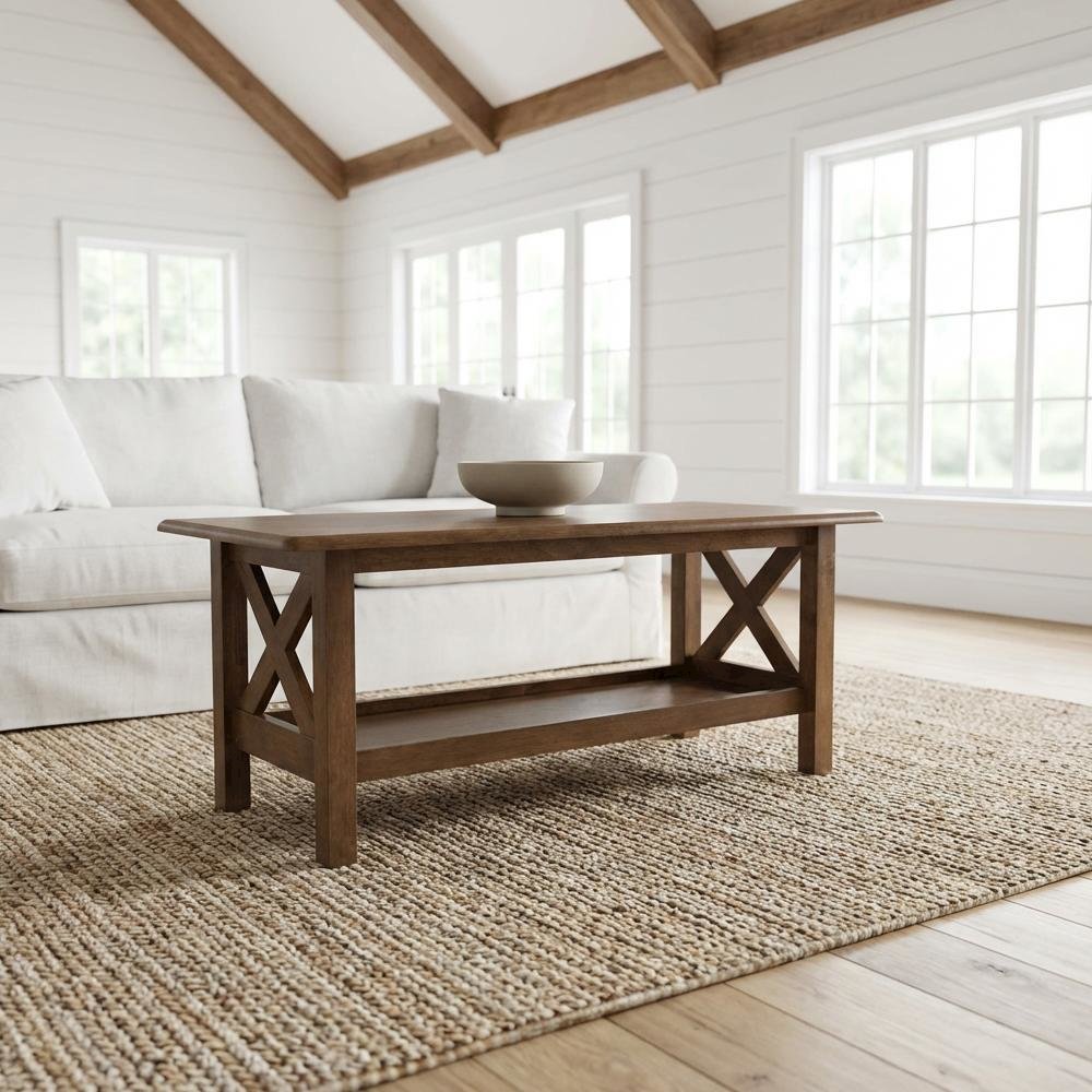 Walnut Brown Rectangular Coffee Table with Rubberwood Frame, Transitional Design