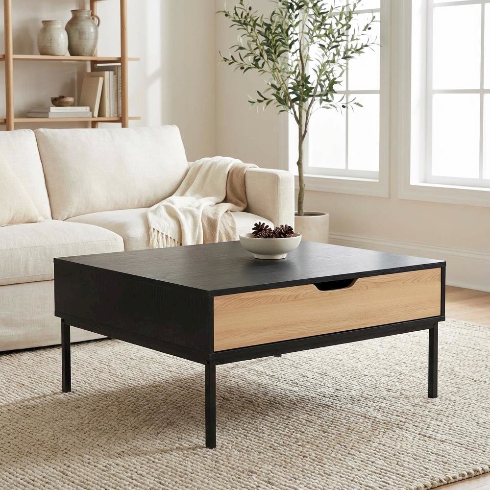 Two-Tone Oak Brown and Black Coffee Table with Metal Legs and Modern Design