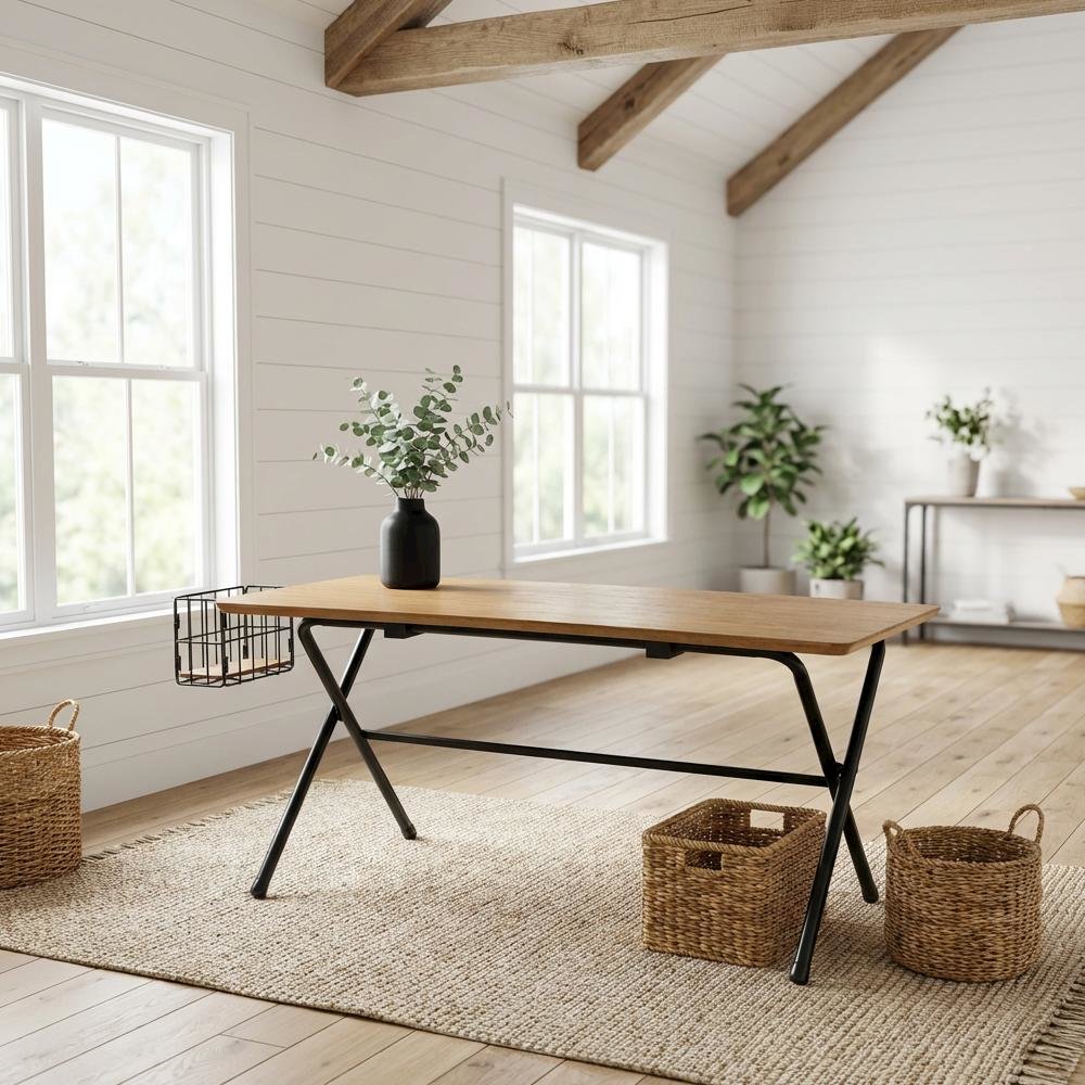 Brown and Black Coffee Table with MDF Frame and Metal Legs