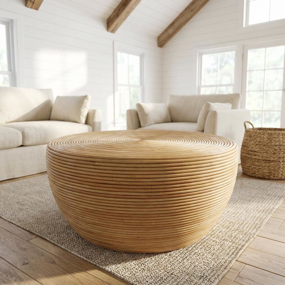 Warm Brown Rattan Coffee Table with Shelf and Coastal Design Style