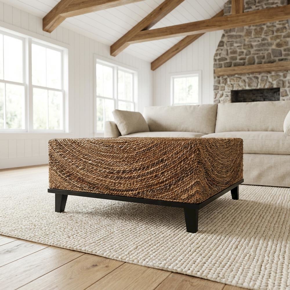 Authentic Seagrass Coffee Table with Acacia Wood Frame Espresso Brown Finish