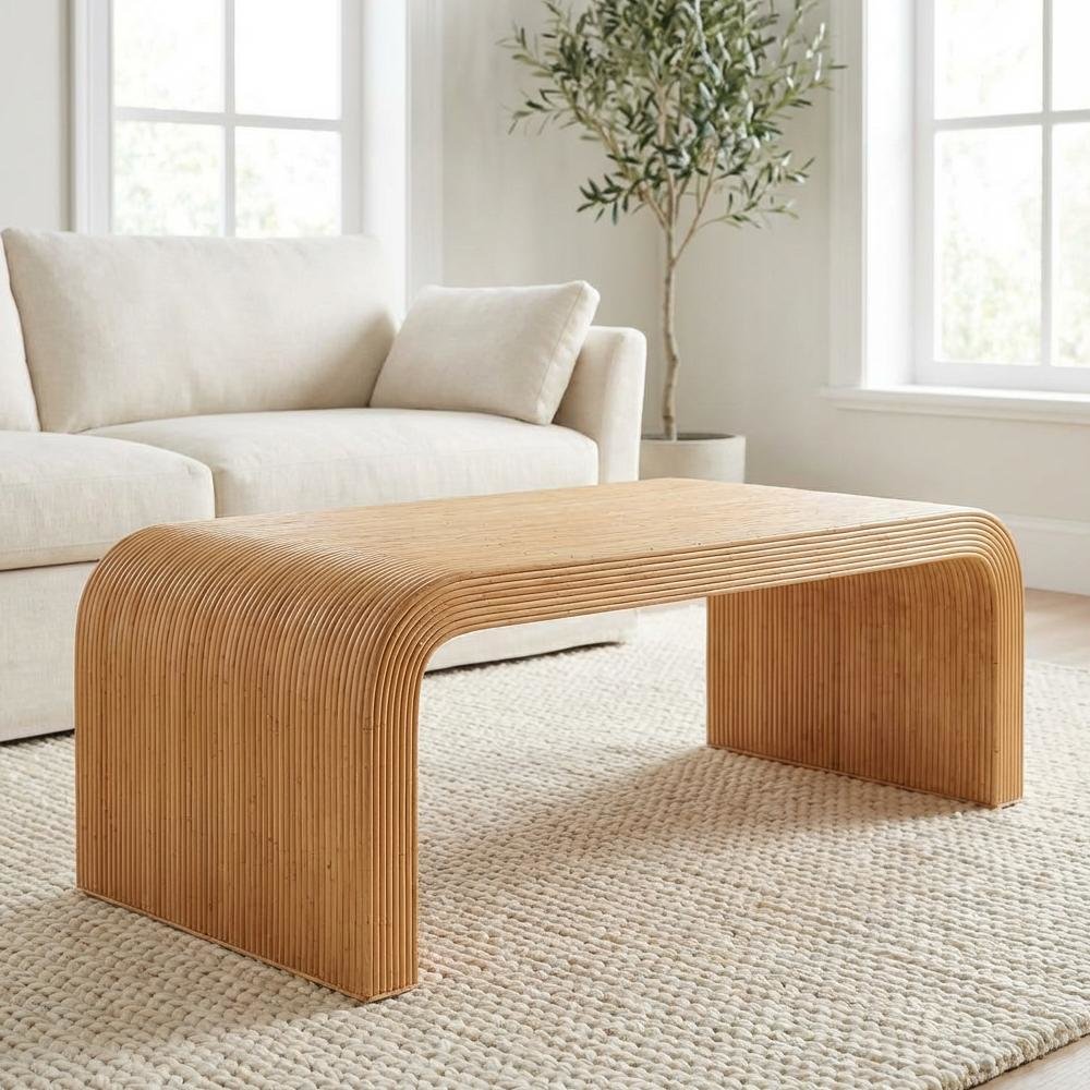 Light Honey Rattan Coffee Table with Fluted Design and Laminated Legs