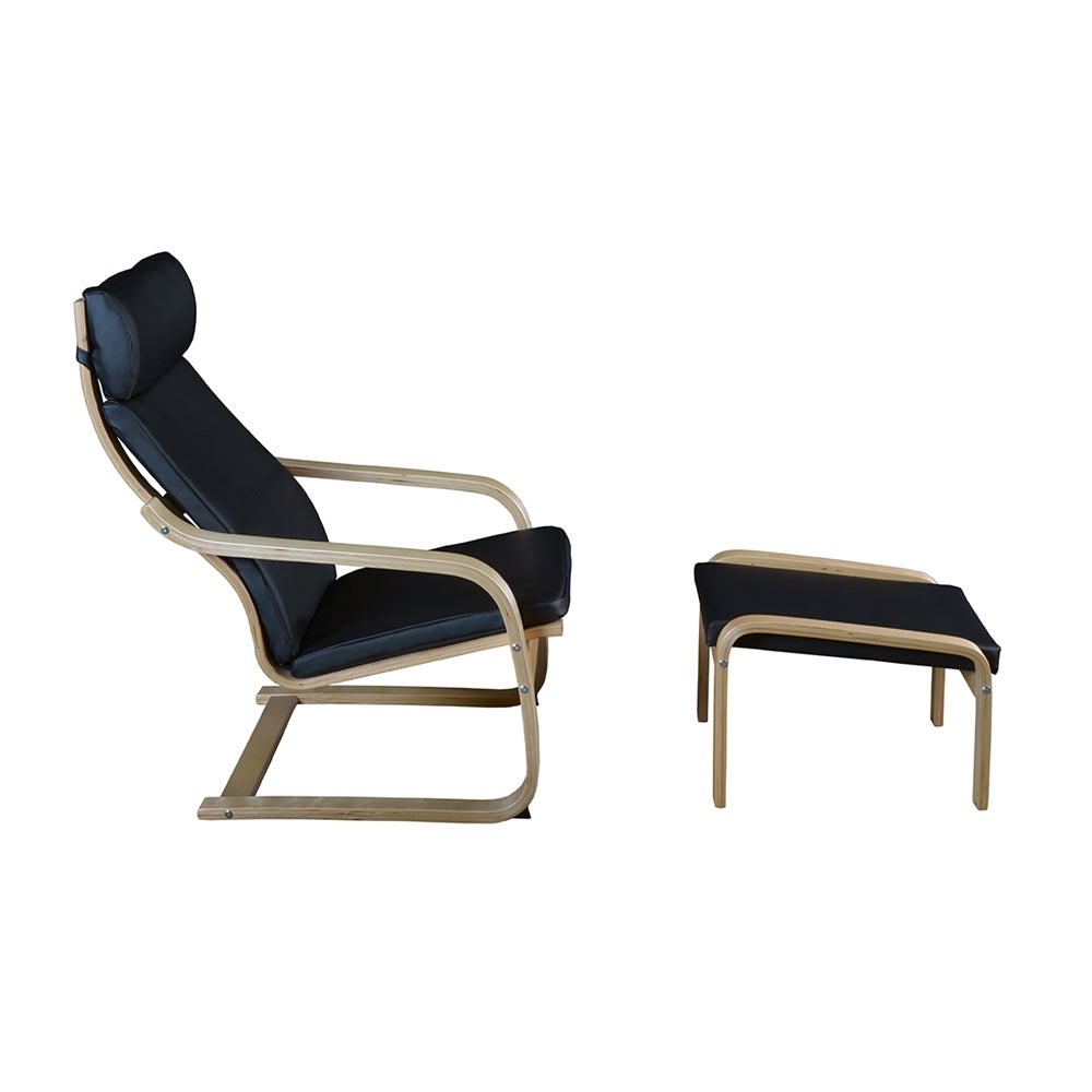 Mia Bentwood Reclining Chair and Ottoman- Natural/ Black Leather