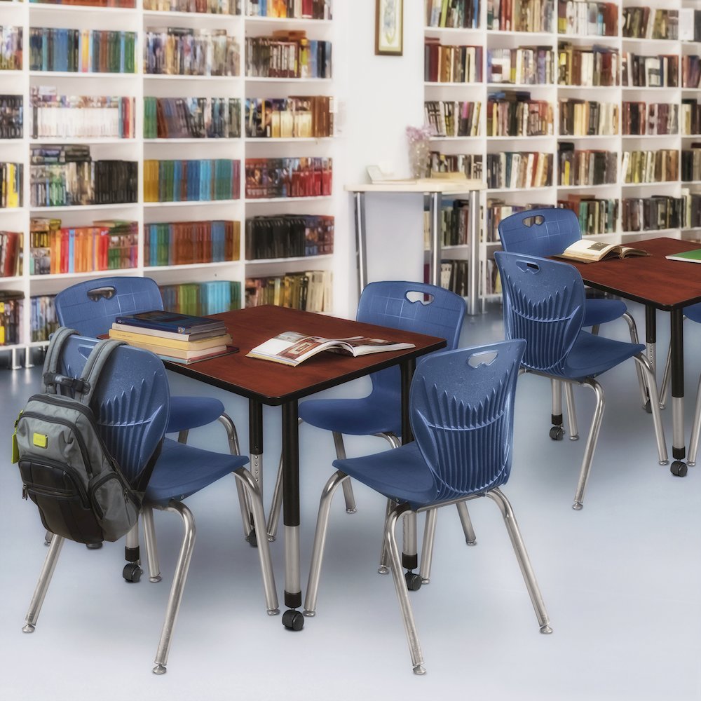 30 Square Mobile Classroom Table- Cherry & 4 Andy 18 Stack Chairs- Blue