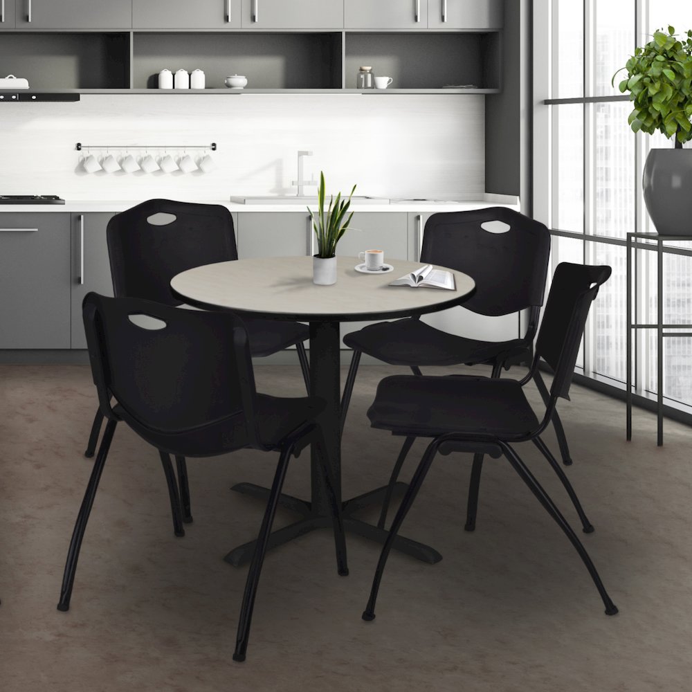 Small 30 in. Round X-Base Breakroom Table- Maple & 4 M Stack Chairs- Black