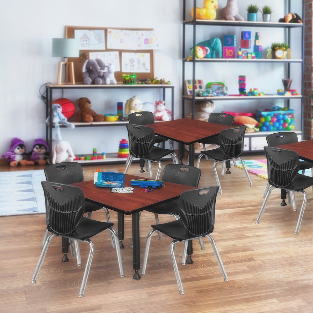 36 Square Adjustable Classroom Table- Cherry & 4 Andy 12 Stack Chairs- Black