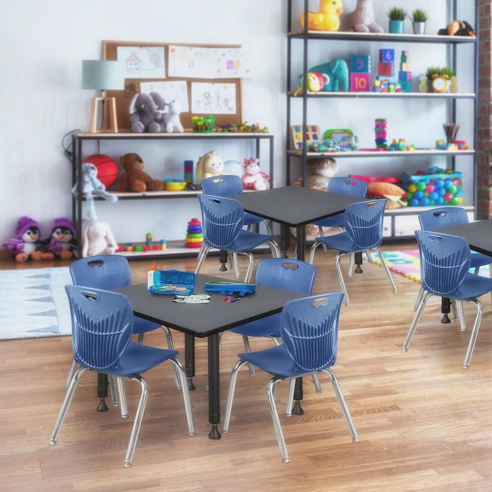 36 Square Adjustable Classroom Table- Grey & 4 Andy 12 Stack Chairs- Blue