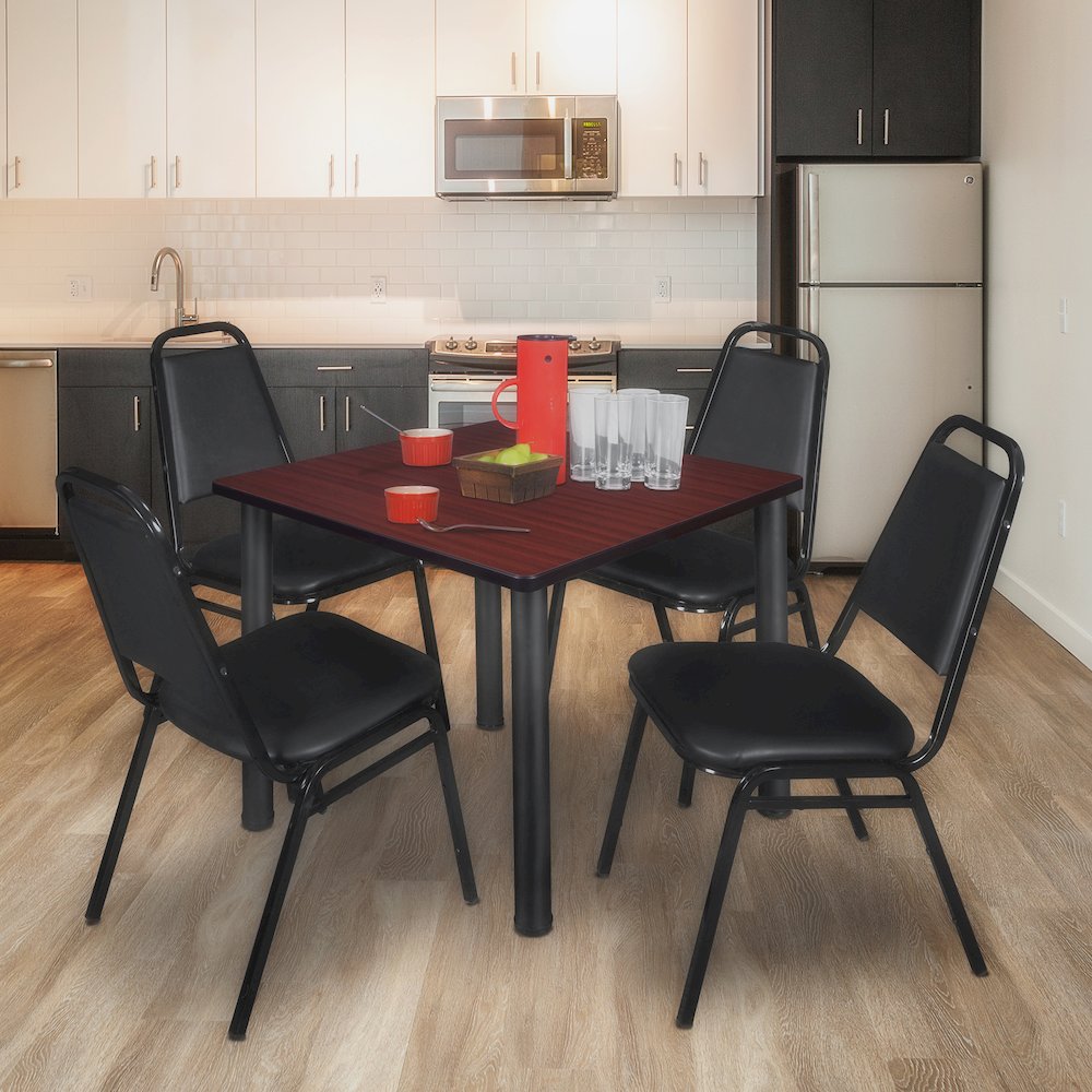 36 Square Breakroom Table- Mahogany Top, Black Legs, 4 Restaurant Stack Chairs