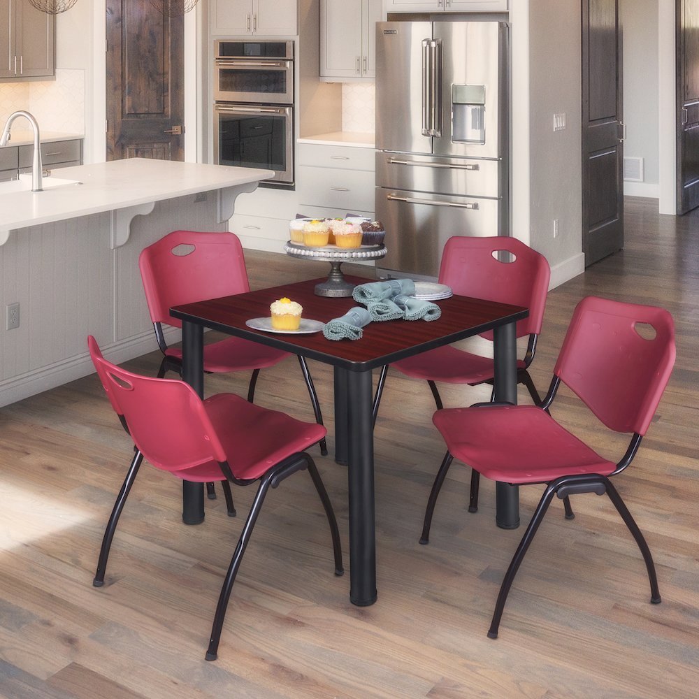 36 Square Breakroom Table- Mahogany Top, Black Legs, 4 M Stack Chairs- Burgundy
