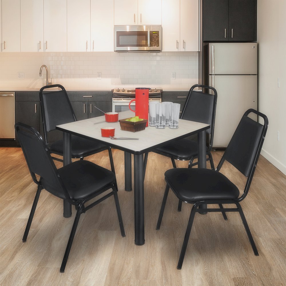 36 in Square Breakroom Table- Maple Top, Black Legs, 4 Restaurant Stack Chairs