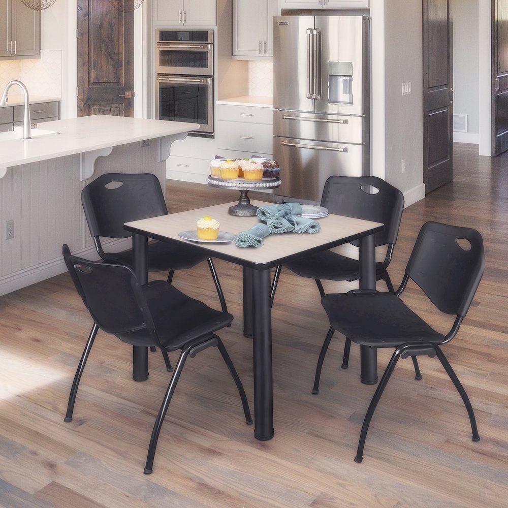 36 in Square Breakroom Table- Maple Top, Black Legs, 4 M Stack Chairs- Black