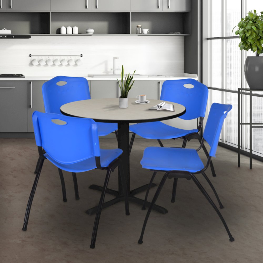 42 in. Round X-Base Breakroom Table- Maple & 4 M Stack Chairs- Blue