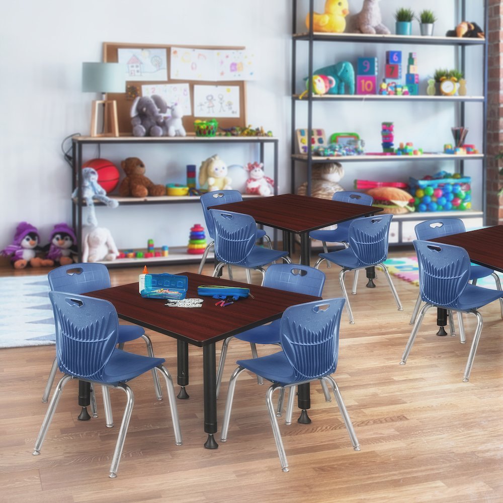 48 Square Adjustable Classroom Table- Mahogany & 4 Andy 12 Stack Chairs- Blue