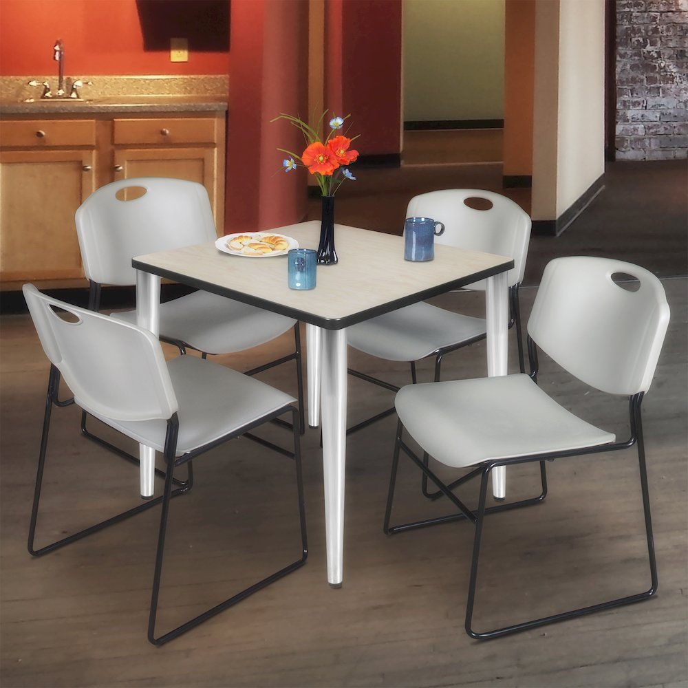36 Square Breakroom Table- Maple Top, Chrome Base & 4 Zeng Stack Chairs- Grey