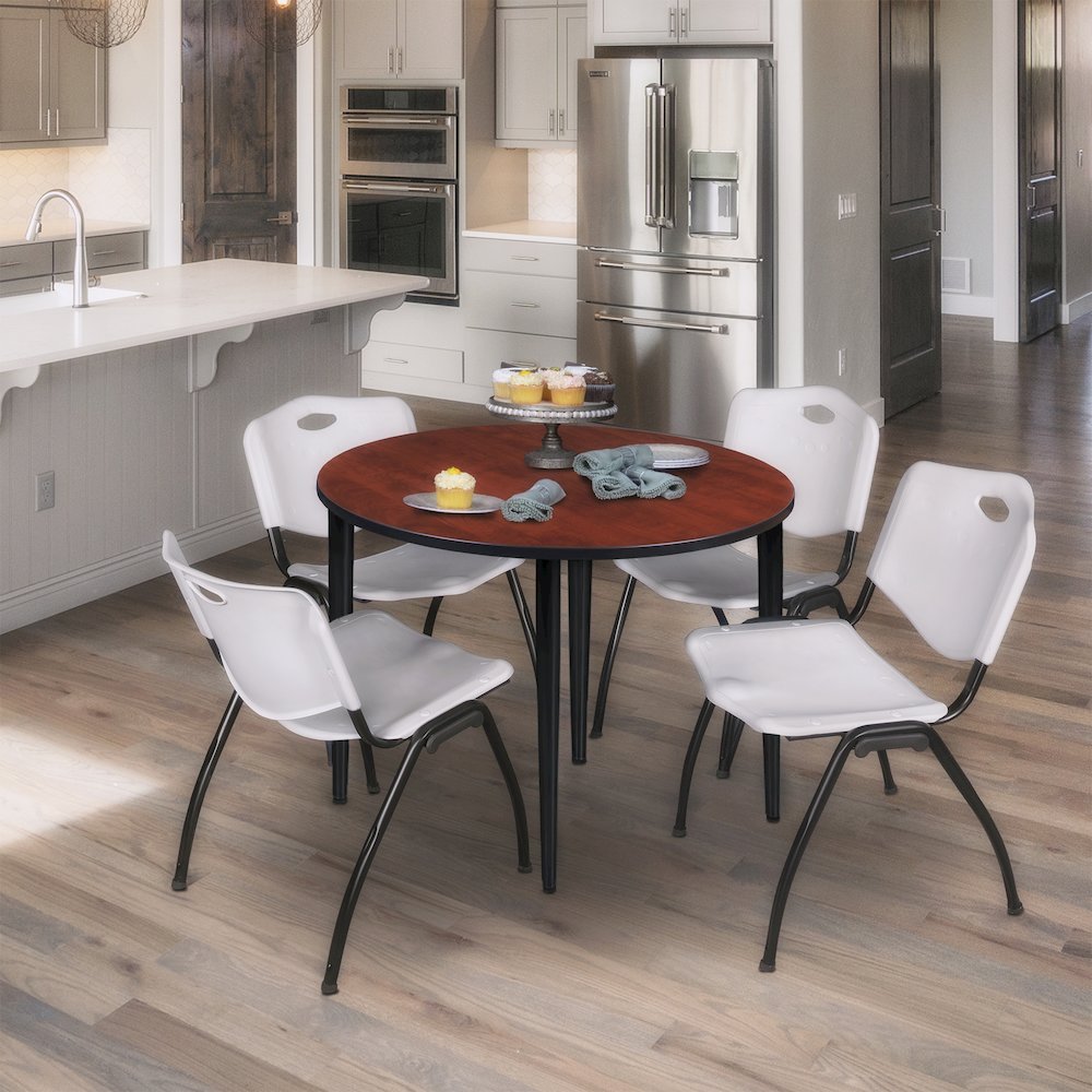 36 in. Round Breakroom Table- Cherry Top, Black Base & 4 M Stack Chairs- Grey