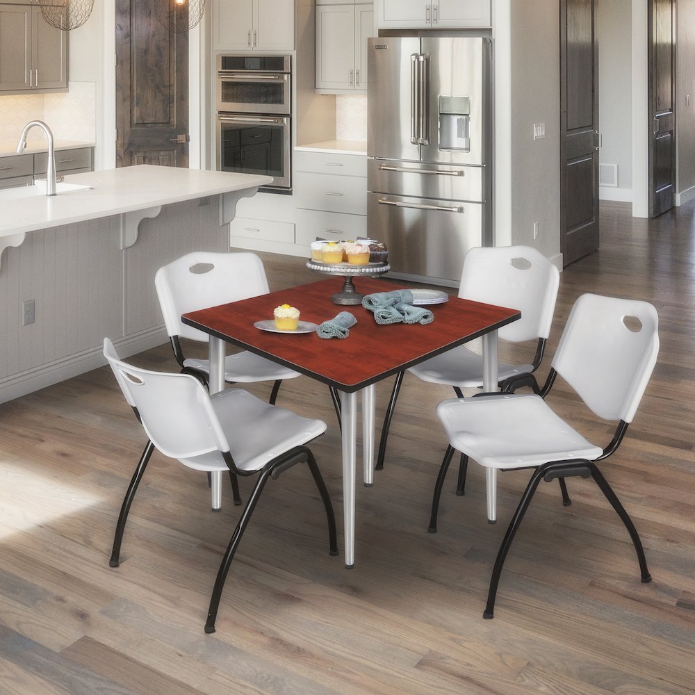 48 in. Square Breakroom Table- Cherry Top, Chrome Base & 4 M Stack Chairs- Grey