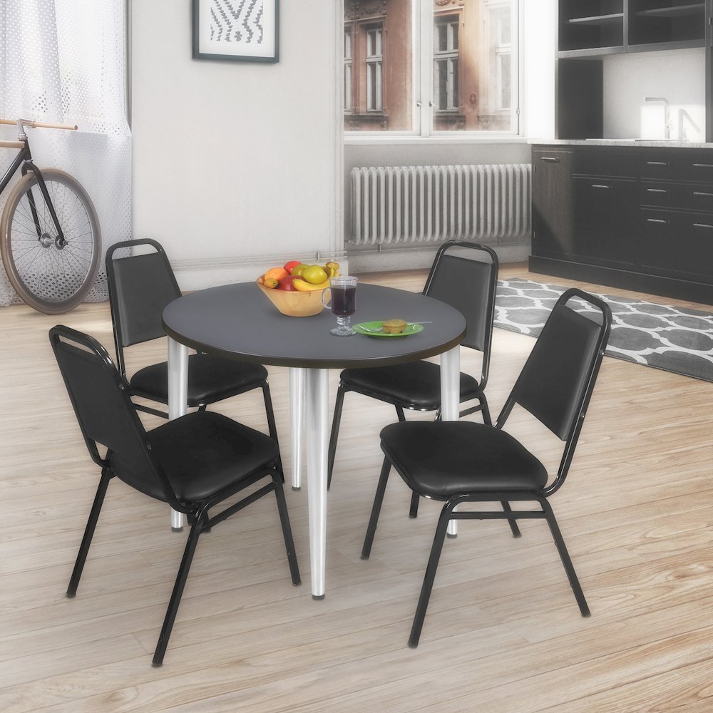 48 Round Breakroom Table- Grey Top, Chrome Base & 4 Stack Chairs- Black