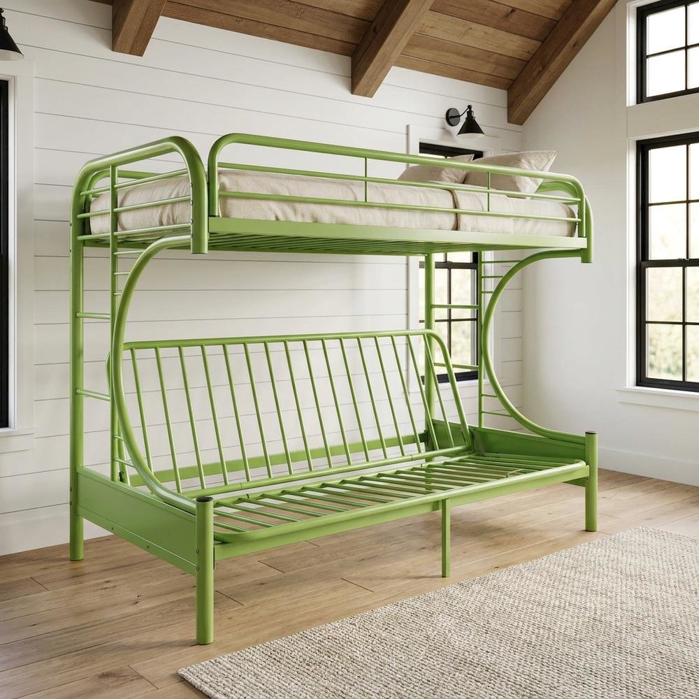 Metal Futon Bunk Bed Twin over Full, Kids Bunkbed with Bottom Futon Combo, Green