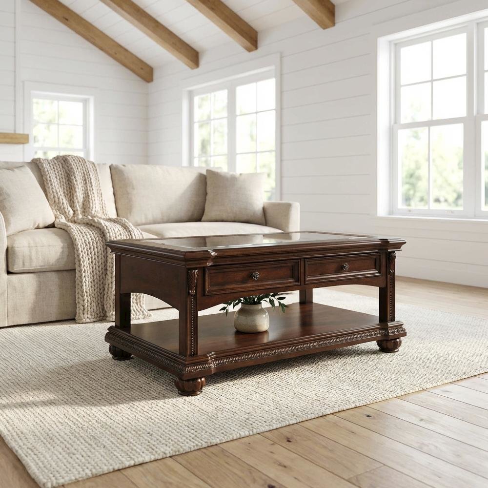 Cherry Finish Coffee Table with Glass Top and Wood Veneer Durable Design