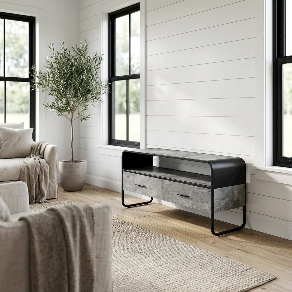 Industrial-style TV stand, concrete gray, black finish, made from particleboard