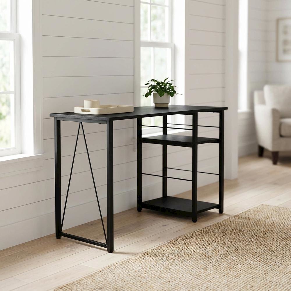 Black Writing Desk, Wood Veneer Surface, Sturdy Particle Board And Metal Frame