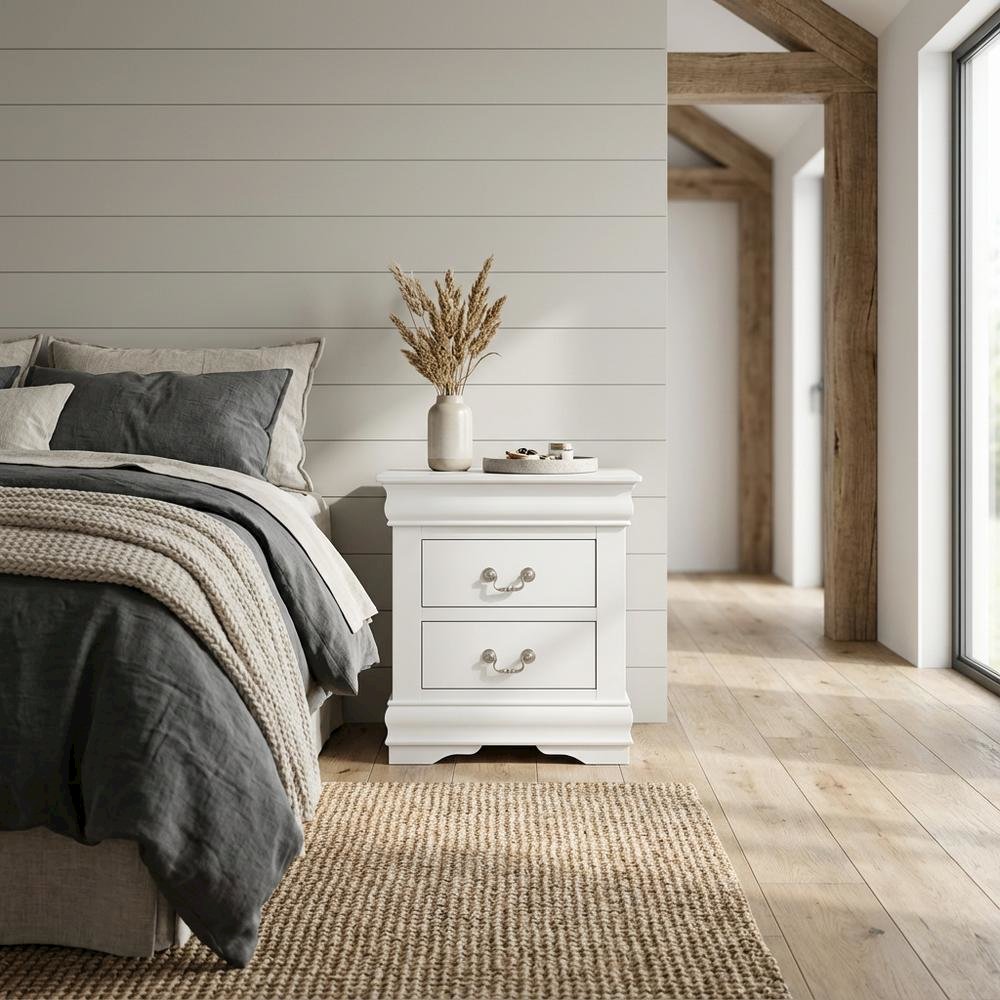 White Traditional Nightstand with Brushed Nickel Handle, Solid Wood Construction