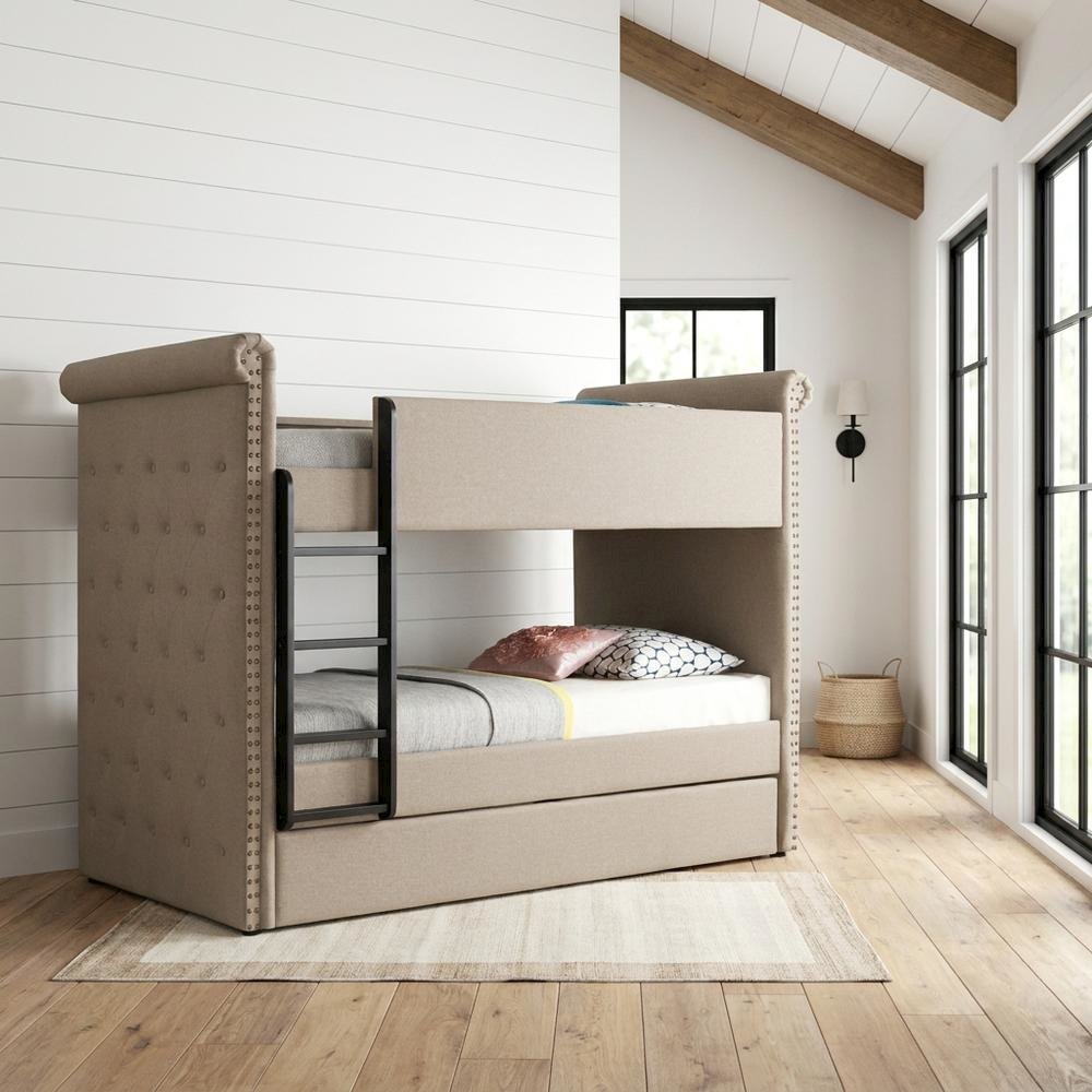 Fabric Twin over Twin Bunk Bed with Wood Frame and Trundle, Beige Fabric