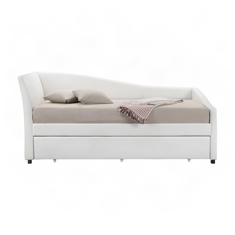 PU Leather Twin Daybed with Trundle, Bed No Box Spring, White Synthetic Leather