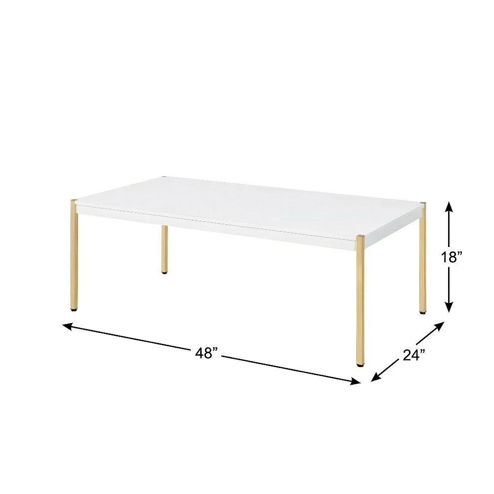 White & Gold Finish Rectangular Coffee Table MDF Metal Contemporary Design