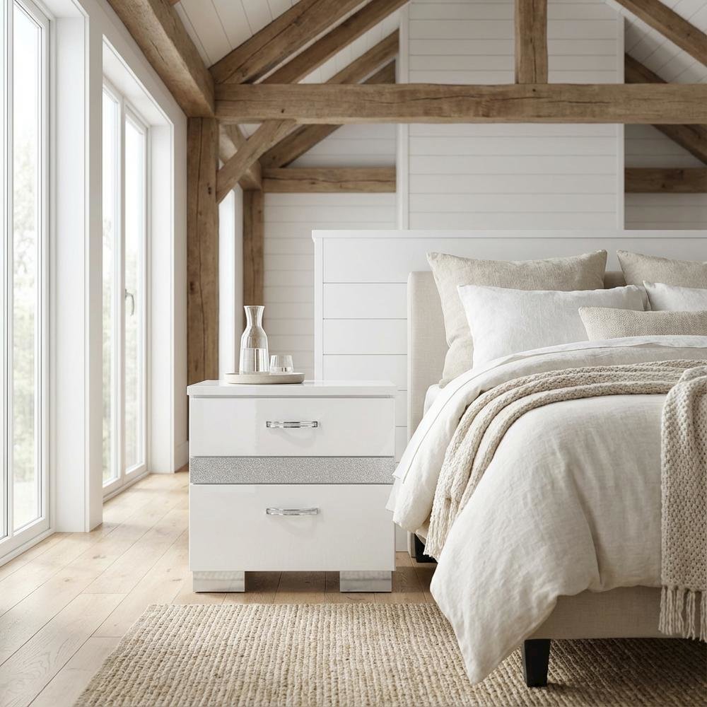White High Gloss Nightstand with Contemporary Style and Storage Facility