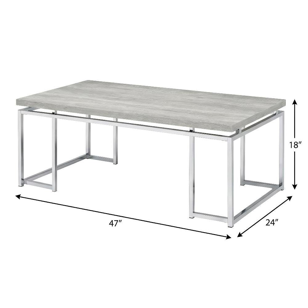Oak Finish and Chrome Coffee Table with Metal Frame and Veneer Surface