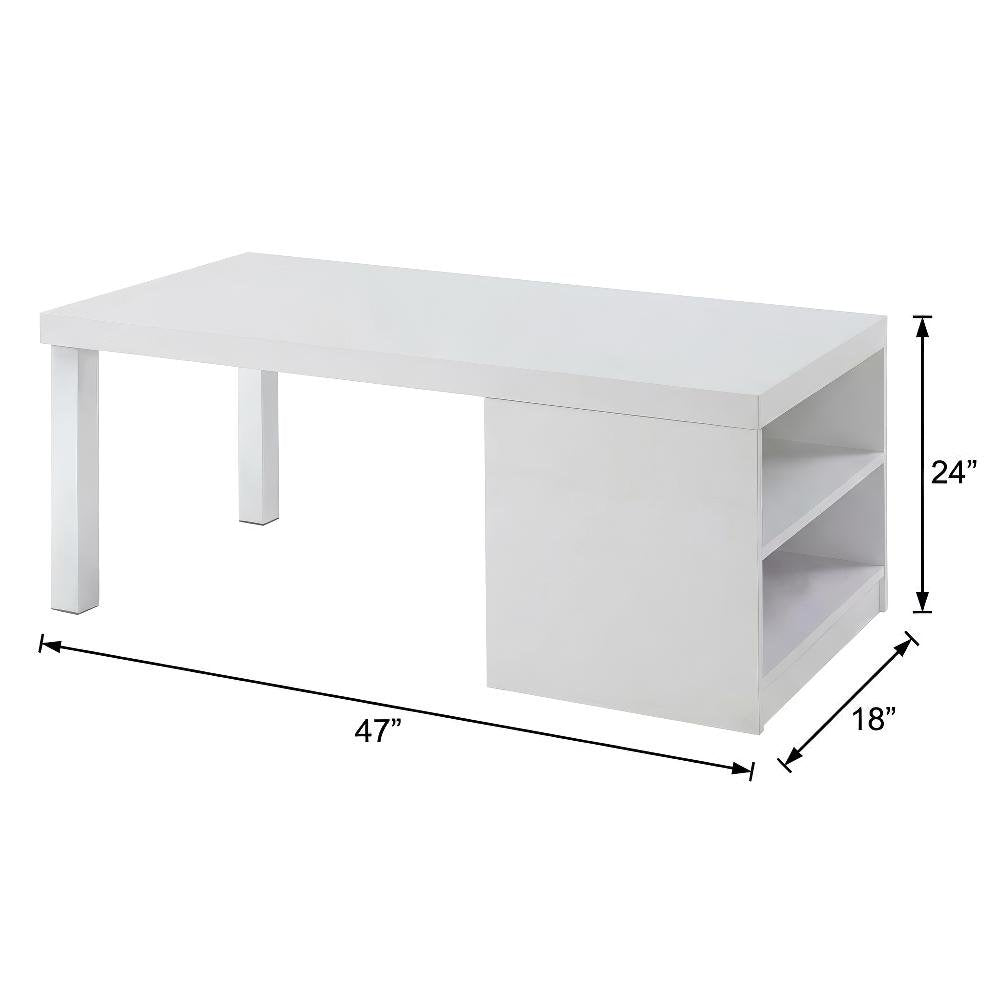White Rectangular Coffee Table with High Gloss Wood and Chrome Accents