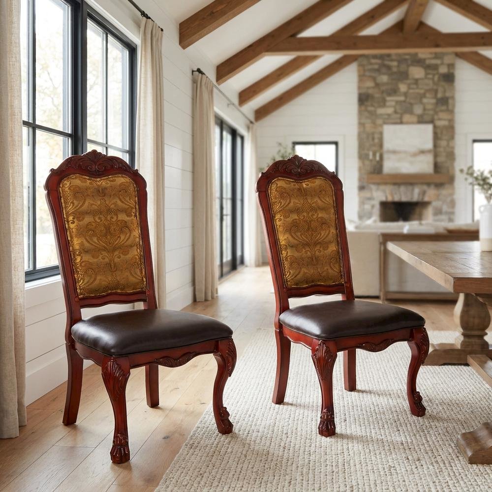 PU Leather Dining Chair with Floral Fabric Back, Synthetic Leather & Cherry Oak, Set of 2