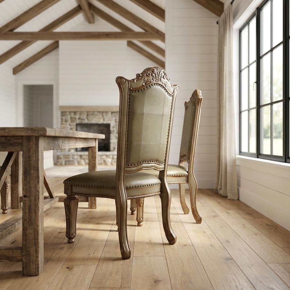 PU Leather Dining Side Chair with Gold Patina Wood Frame, Set of 2, Gold Platina