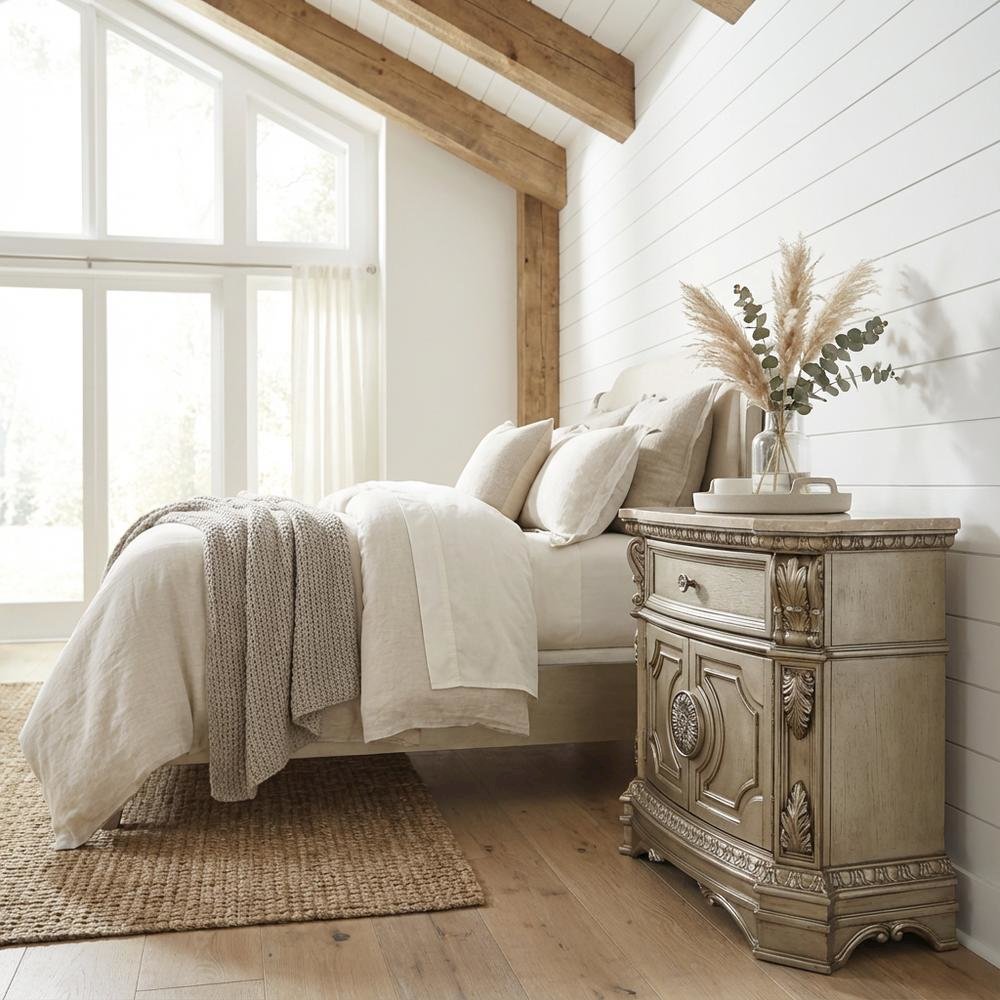 Antique Silver Nightstand with Marble Top for Bedroom Decor