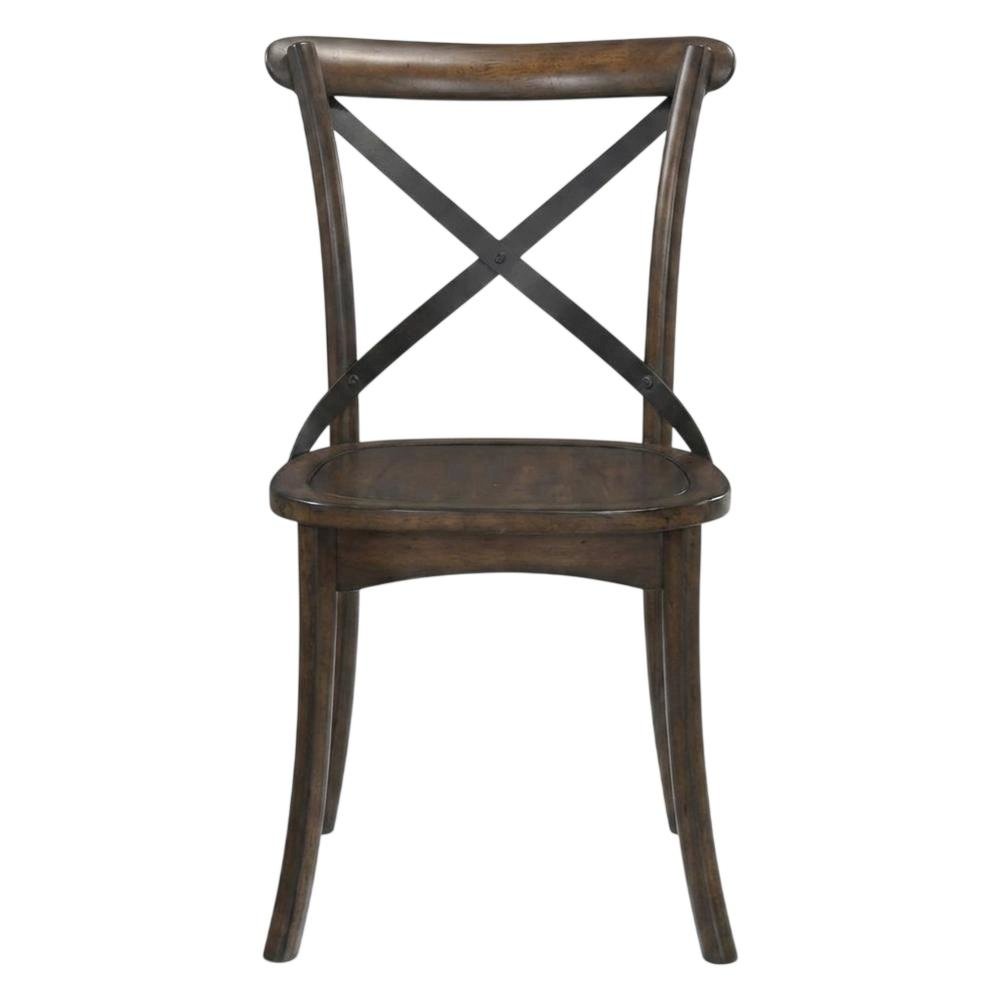 Wood Veneer Armless Dining Chair with Metal X-Back, Dark Oak & Black, Set of 2