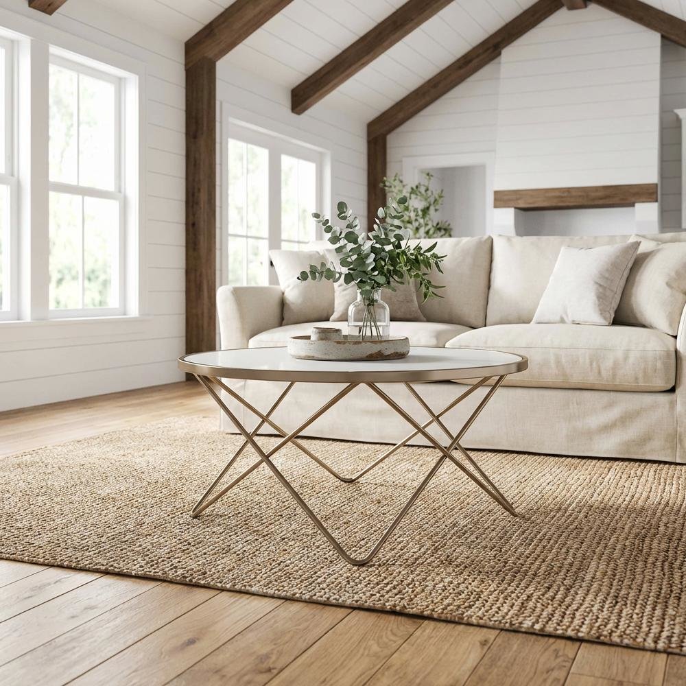 Champagne Coffee Table with Frosted Glass Top and Metal Frame Design