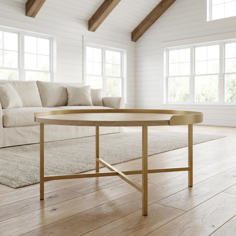 Oak Table Top Coffee Table with Gold Finish and Wood Metal Frame