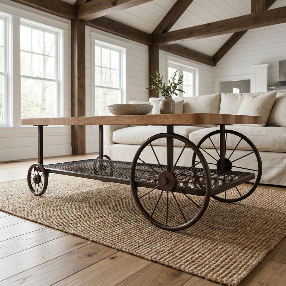 Oak & Antique Gray Coffee Table with Metal Frame and Wood Veneer Surface