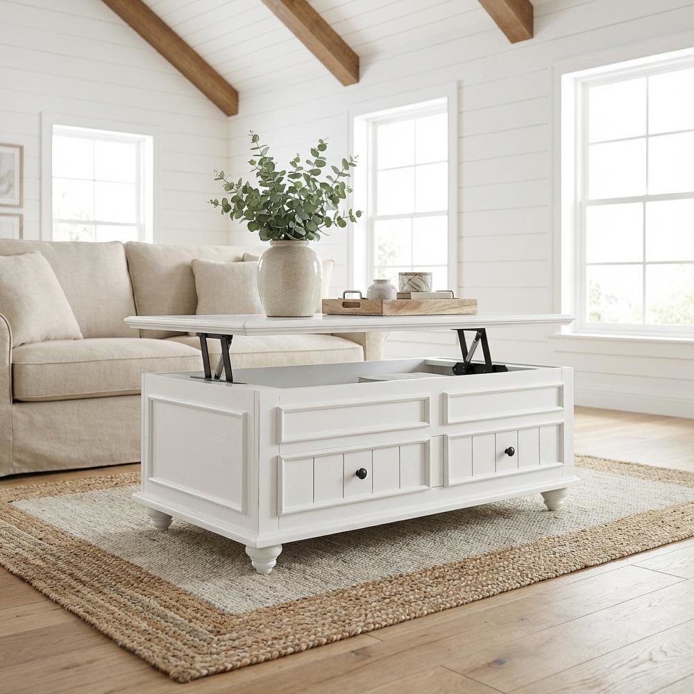 White Washed Coffee Table with Lift Top Wood Veneer Melamine Surface 48-Inch