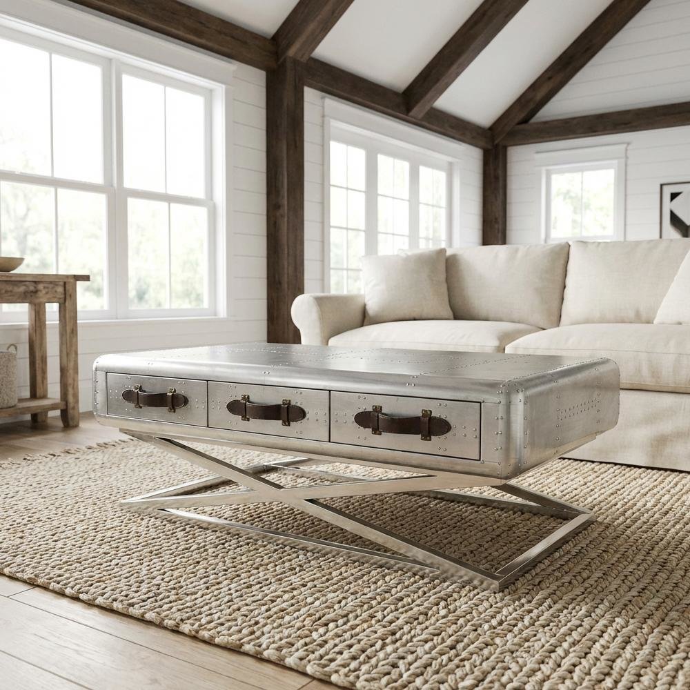 Aluminum Coffee Table with Top Grain Leather Surface and Durable Frame