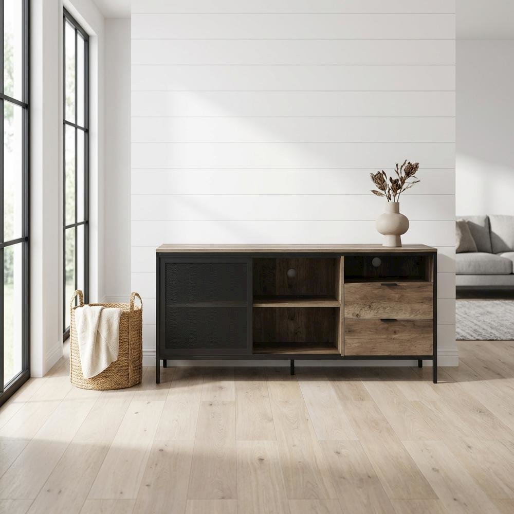 Industrial TV stand, Rustic Oak, Black finish, Composite wood, metal