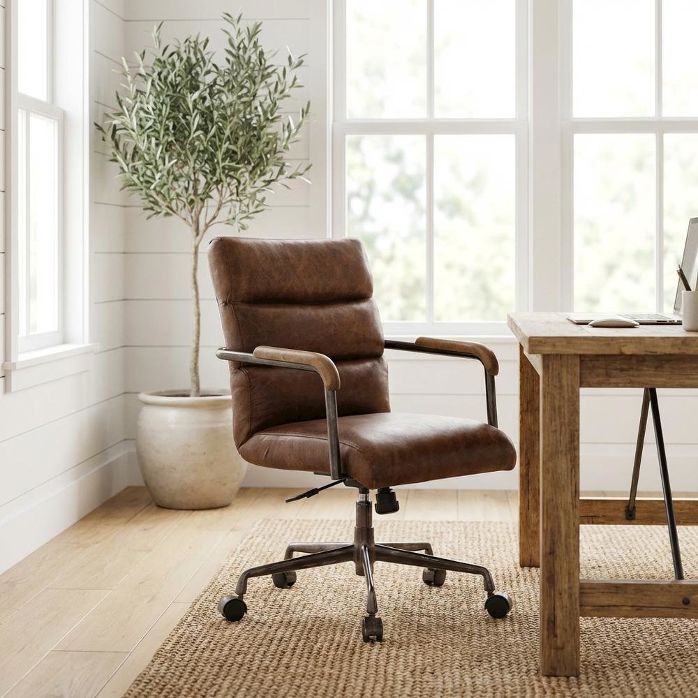 Retro Brown Top Grain Leather Executive Office Chair With Vintage Style