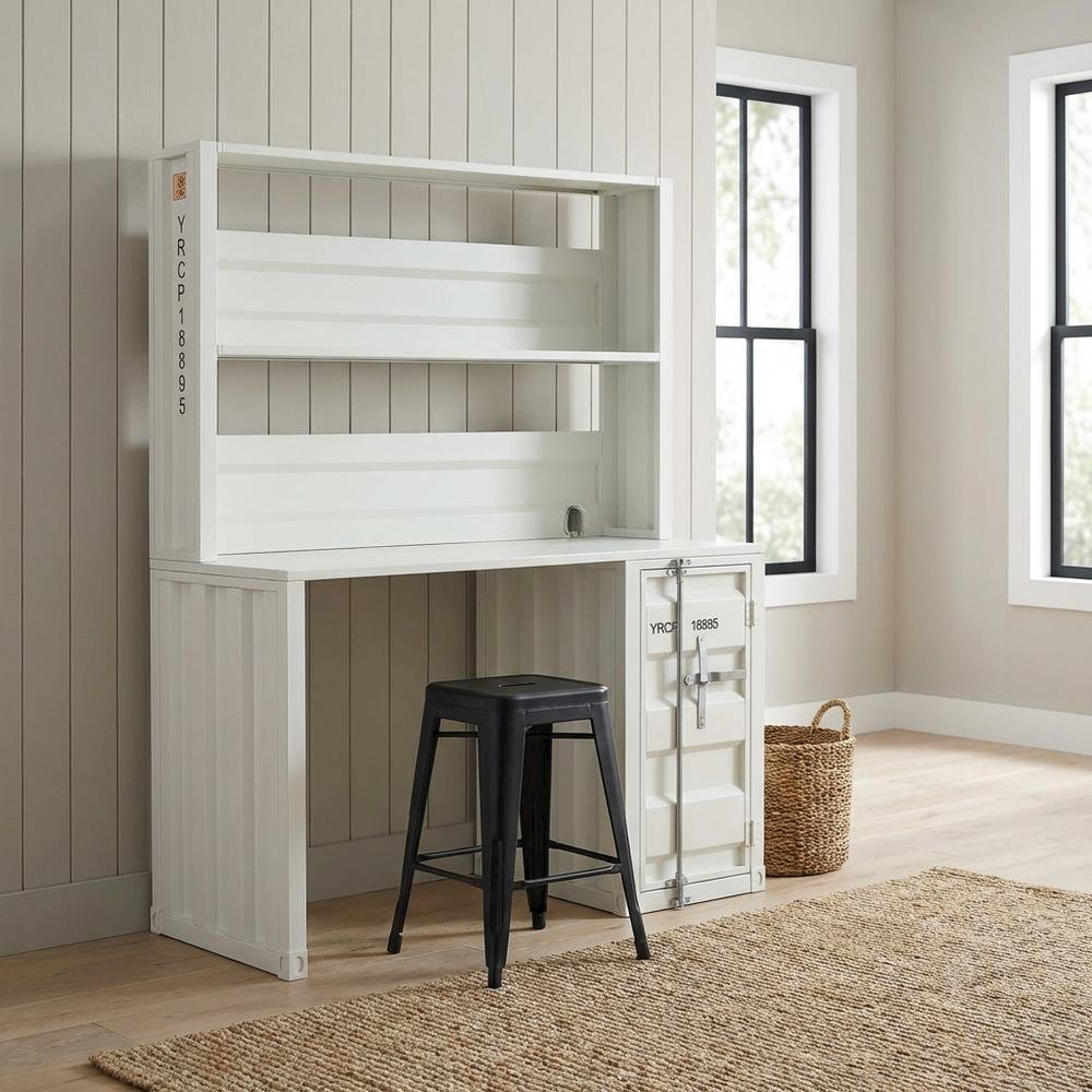 White Cargo Desk With Hutch For Organized Workspace, Sturdy Construction