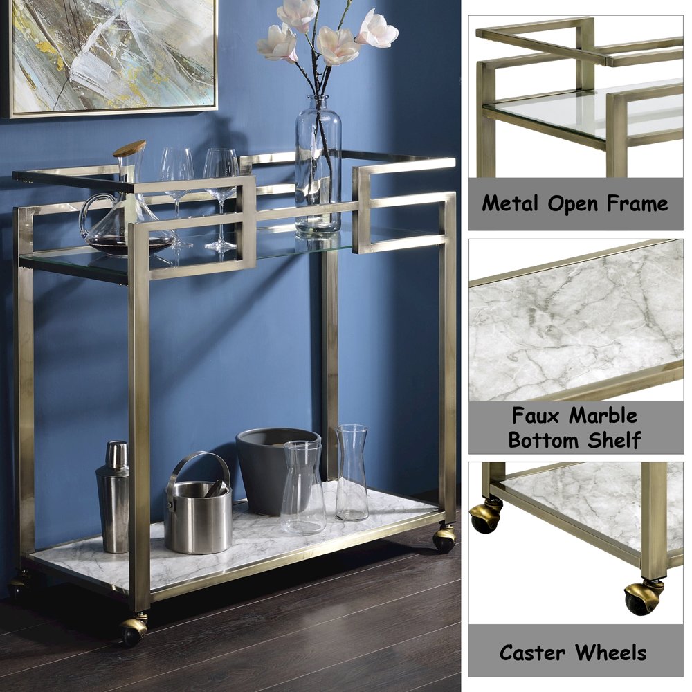 Neilo Serving Cart Clear Glass, Faux Marble Top & Wire Brass