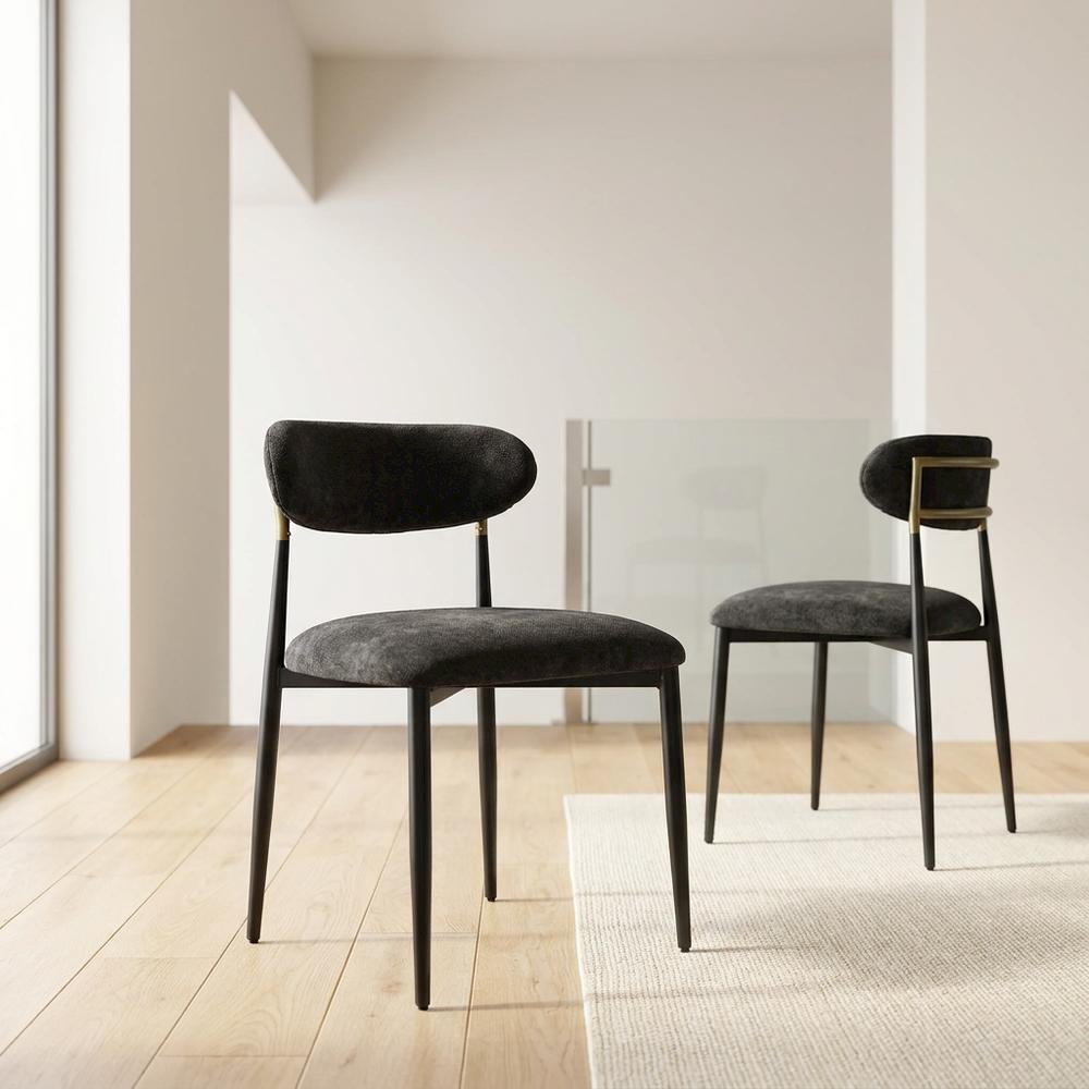 Chenille Dining Chairs, Set of 2, Black Chenille & Black